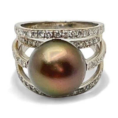 Anillo Oro Blanco 18k Perla Chocolate y Diamantes Corte Brillante (8PO 2381) Foto 1 de 4