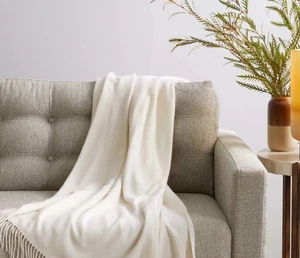 NWOT QUINCE MONGOLIAN CASHMERE THROW IVORY 60 X 50 TWO TONE REVERSIBLE PLZ READ! - Picture 1 of 11