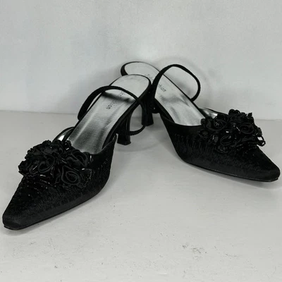 John Fashion Black Slingback Pumps Embroidered Beads Roses Dark Romantic Sz 10 - Image 1 of 4