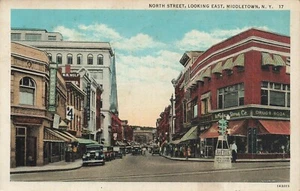 POSTCARD North Street, Looking East, Middletown, NY - Linen~Old Cars, Drug Store - Picture 1 of 2