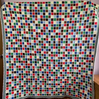 "Rectángulo colorido vintage afgano ganchillo a mano 1,5"" 82x69 EXCELENTE" Foto 1 de 4