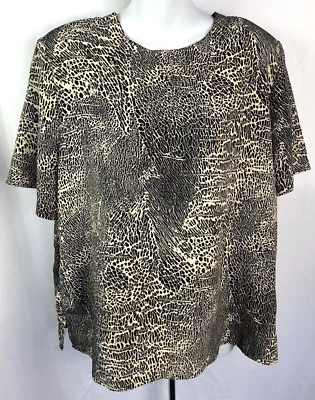 Kathy Che Top Blouse L Tan Black Animal Abstract Scoop Neck ShortSleeve Boho Y2K - Image 1 of 4