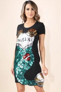 Women's Short Sleeves Mermaid Patch Above Knee Length T Shirt Dress Tunic Cute - Picture 1 of 9