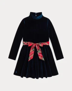 Polo Ralph Lauren Velour Rollkragen Kleid Mädchen 6X Navy 2-Knopfleiste hinten - Bild 1 von 17