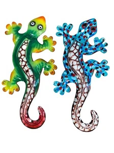 2er SET TROPISCHE METALLGECKOS BUNTE KUNST NAUTISCH TROPISCH TERRASSE WOHNDEKO - Bild 1 von 2