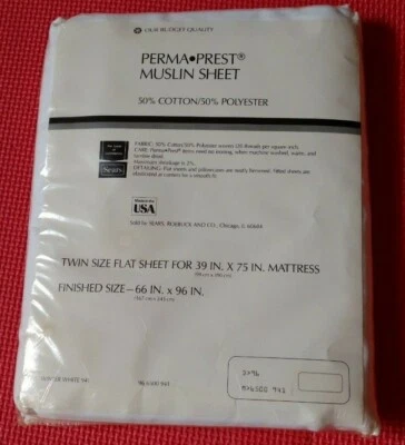 Sears Roebuck And Co Twin Flat Sheet White Perma Prest Fine Muslin 66" x 96" New - Image 1 of 4
