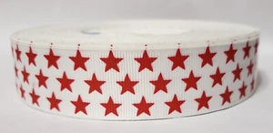 15 Yard Spool Red Stars on White 1" Polyester Grosgrain Ribbon - Picture 1 of 4