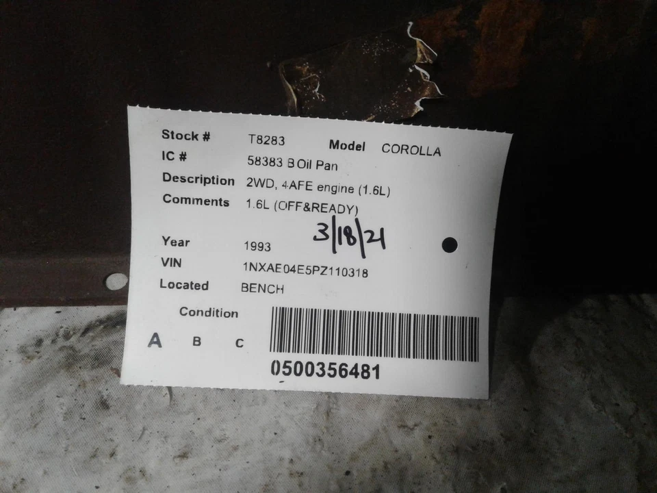 Used Engine Oil Pan fits: 1993 Toyota Corolla 4AFE engine 1.6 Grade A Foto 1 de 4