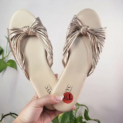 Rose Gold Flat Sandal 7.5 Isaac Mizrahi Shoes Leather Slip On Slide Metallic - Image 1 of 4