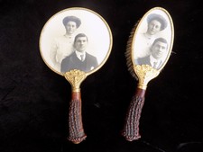 Antique Vanity Hand Mirror And Matching Brush Set Beveled Glass Man And Wife