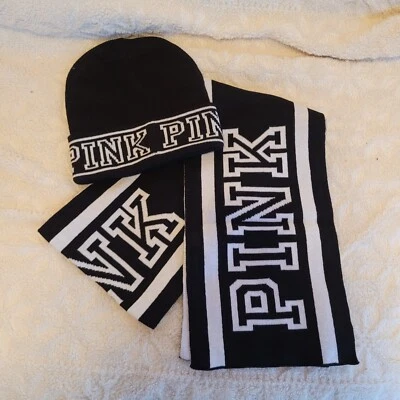 Victorias Secret 'PINK' 黑白标志围巾和帽子套装 全新 已停产  — 第 1/4 张图片