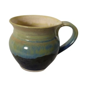 Handmade Stoneware Pottery Ceramic Coffee Cup Mug Blue Green Floral Signed 6x4" - Picture 1 of 6