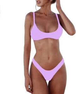 Women's Solid Scoop Neck Push Up Padded Brazilian Thong Bikini Swimsuit Size S - Picture 1 of 6