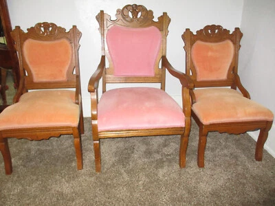 ¡HERMOSO! Antiguo juego de 3 sillas de salón victorianas ornamentadas EASTLAKE Foto 1 de 4