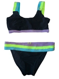Pily Q Girls Black Sporty Shimmer Glitter Banded 2pc Bikini Size 10 - Picture 1 of 5
