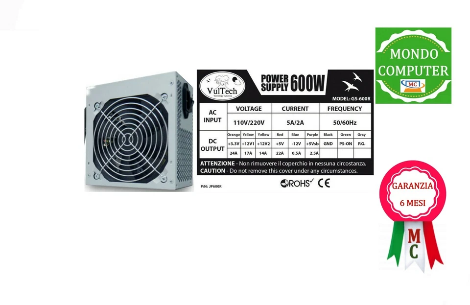 ALIMENTATORE COMPUTER FISSO  ATX 600W  VULTECH POWER SUPPLY  GS-600R  - Immagine 1 di 1