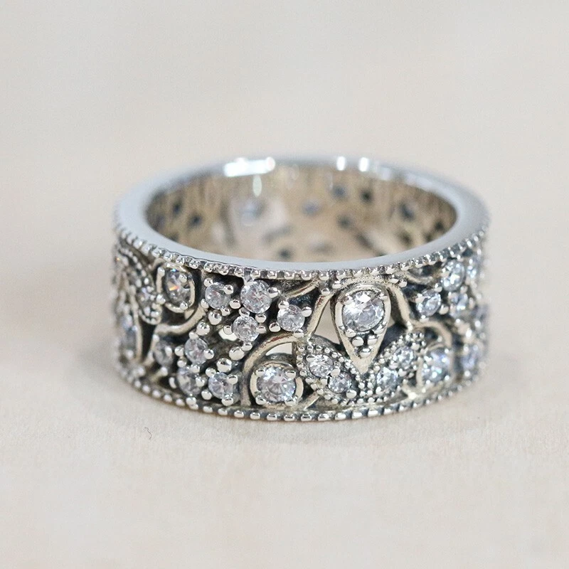 Genuine Authentic PANDORA Silver Shimmering Leaves Ring 190965CZ Size 56