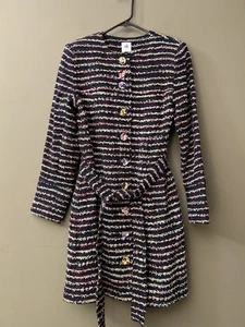 Cabi Headline Topper Coat Womens Sz 4 Blue 3D Knit Multicolor Stripe Floral Belt - Picture 1 of 16