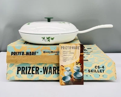 NOS New in Box PRIZER-WARE 11" SKILLET & COVER LID Porcelain CAST-IRON White IVY - Image 1 of 4