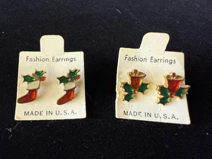 Pendientes de Navidad de Colección Pierced Bota de Papá Noel Acebo Adornos Esmalte Nuevo de Lote Antiguo - Imagen 1 de 9