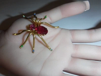 Vintage CZECHO Brass Pink Glass Rhinestone Spider Brooch Rare Missing 1 Stone - Image 1 of 4