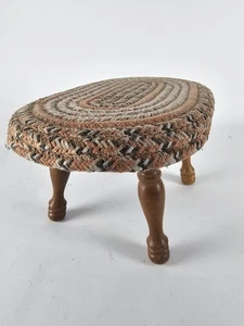 Vintage Braided Rug Top Footstool – Rustic Oval Woven Stool with Turned Wood Leg - Picture 1 of 12