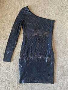 Jodi Kristopher Navy Sequin One Shoulder Long Sleeve Mini Dress - Size Medium - Picture 1 of 6
