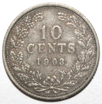 Dutch 10 Cents Coin 1903 KM# 135 Netherlands Queen Wilhelmina Silver .640 Ten - Image 1 of 2