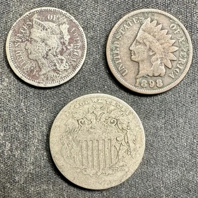 Type Coin Cull Lot - 1867? 3 Cent Nickel, Shield Nickel, 1898 Indian Head Cent - Image 1 of 2