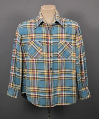 Men's VTG 70s Big Mac Blue & Yellow Plaid Cotton Flannel Shirt Sz L 1970s - Image 1 of 4