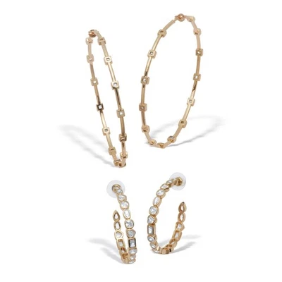 2 pares de aretes tipo aro cristal dorado, 1,5 y 3 pulgadas Foto 1 de 3