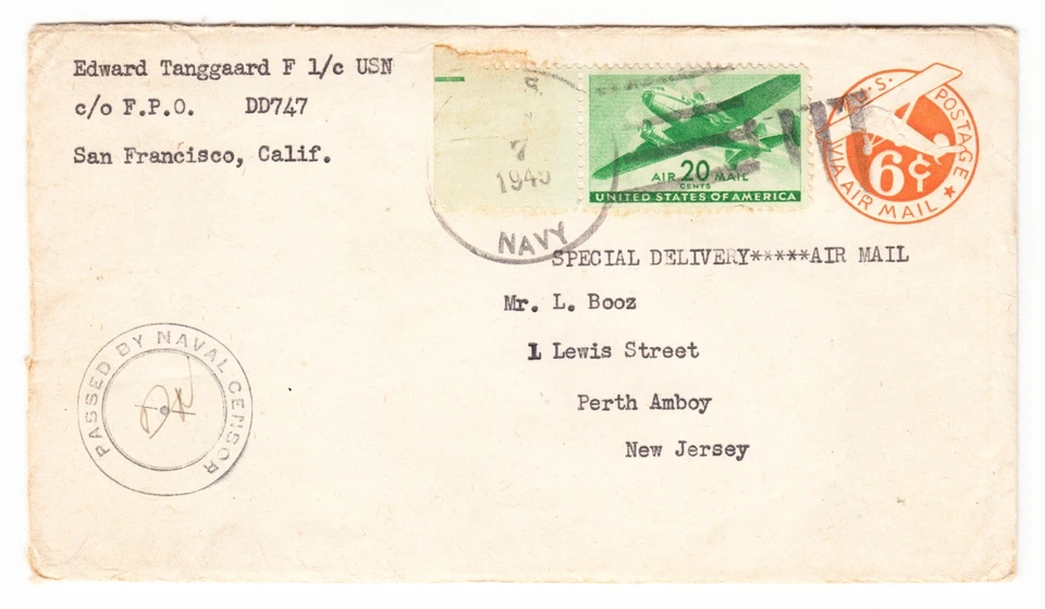 WW2 CENSORED 20 CENT TRANSPORT AIRMAIL PAYS SPECIAL DELIVERY FEE 1945 LETTER INC - Image 1 of 3