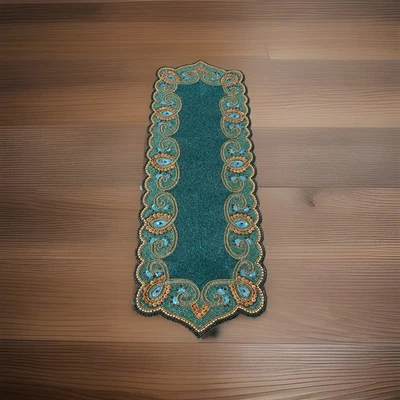 Pier 1 Turquoise Beaded Moroccan India Indian Theme Table Runner Centerpiece - Image 1 of 4