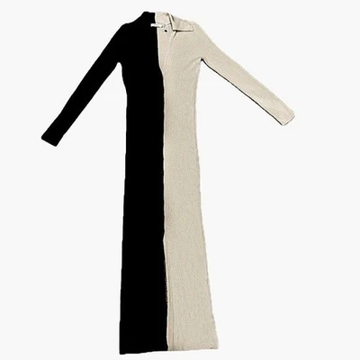 🖤 Maxi Vestido LUSH Tejido Acanalado Bloques de Color Nuevo sin Etiquetas | Suéter Negro Taupe Abotonado Foto 1 de 4