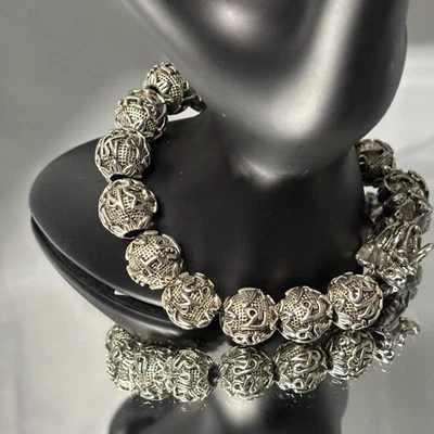 Brazalete de cuentas Pixiu Mantra plateado vintage para hombre 7,5 pulgadas 2,9 onzas filigrana pesada Foto 1 de 4