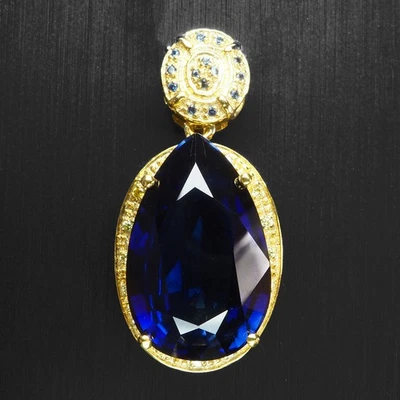 Midnight Pear Blue Sapphire 20.70Ct 925 Sterling Silver 24K Gold Plated Pendant - Image 1 of 4