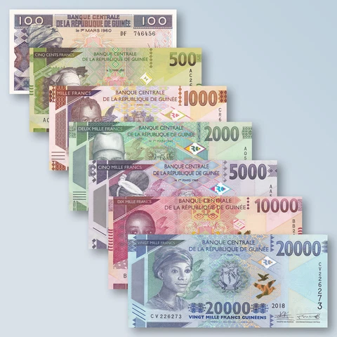 Guinea Full Set 7 Pcs: 100 500 1000 2000 5000 10000 20000 Francs, 2015-2018  UNC Cover