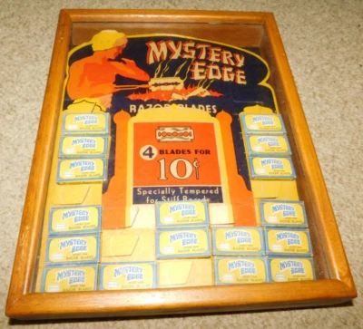VINTAGE 1940S MUSTERY EDGE RAZOR BLADE STORE COUNTERTOP ADVERTISING DISPLAY - Image 1 of 4