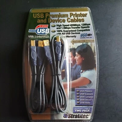 STRATITEC USB Premium Device High SPEED Cables 2 PACK Black Gold Plated 6.5 Foot - Image 1 of 3