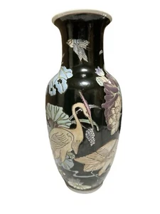 Chinese Macau Famille Noire Porcelain Black Enamel Avian Lotus Rare Floral Vase - Picture 1 of 18
