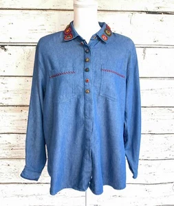 Size Large Vintage Fall Embroidery & Crochet Denim Long Sleeve Top - Picture 1 of 7