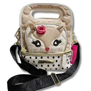 Betsey Johnson Squirrel Lunch Tote Insulated Quilted Cream Polk Dot  9"x9"x5" - Picture 1 of 13