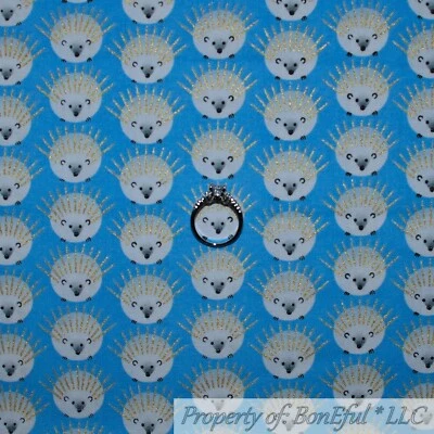 MICHAEL MILLER FABRICS BonEful FABRIC FQ Cotton Quilt Blue White Baby Boy Gold Metallic Hedgehog Mammal
