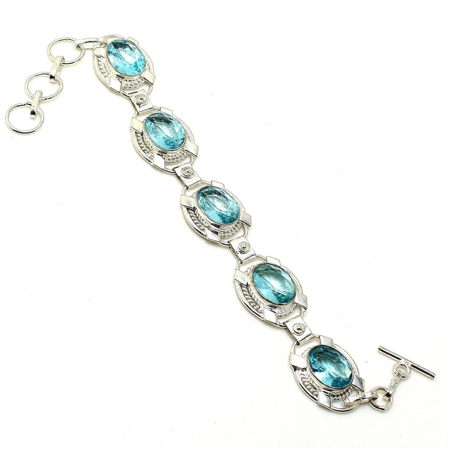 Aqua Aquamarine Gemstone Handmade 925 Sterling Silver Jewelry Bracelet Size 7-8" - Image 1 of 1