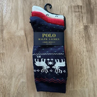 Polo Ralph Lauren Niños Calcetines Redondos Reno Vacaciones 3 Pares Niños Talla 9-11 Foto 1 de 4