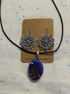 Rainbow Purple Druzy 925 Silver Gemstone Pendant With Fashion Flower Earrings - Picture 1 of 6