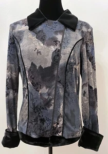 Cartise Womens Floral Mod Art Moto Jacket Size 8 Gray Velvet Faux Fur Trim - Picture 1 of 14