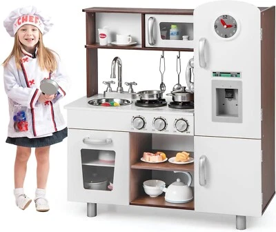 COSTWAY Kinderküche Holz Spielküche mit Herd, Mikrowelle, Ofen, Spüle