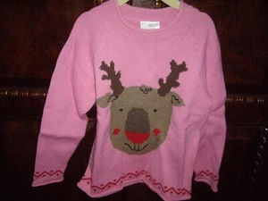T13 Girls Sz 110 US 4 Hanna Andersson Pink Reindeer Sweater Christmas - Picture 1 of 4