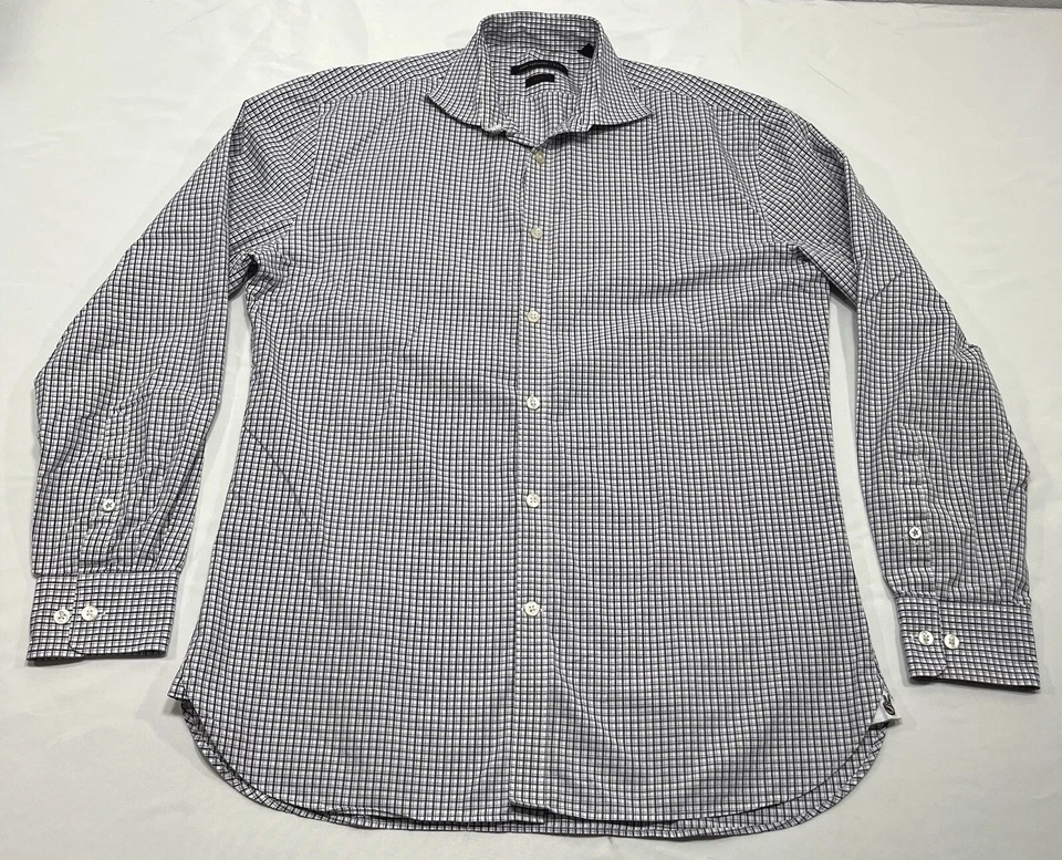 John Varvatos 美国男式衬衫 15 1/2 -32/33 紫色白色格子格子修身版型 — 第 1/4 张图片